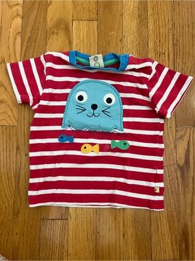 Frugi 12-18mo Red & White Striped Kids Tee with Blue Seal Applique
